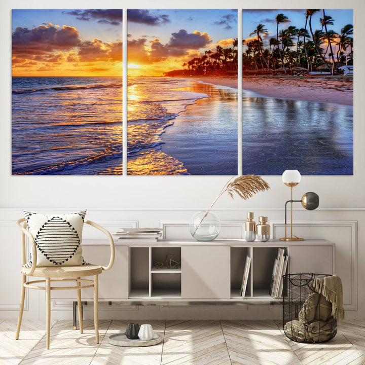 Large Sunset Beach Canvas Wall Art Print - Tropical Palm Tree Sunset Canvas Print, Golden Hour Coastal Beach Art Canvas Print, Perfect for Home Decor