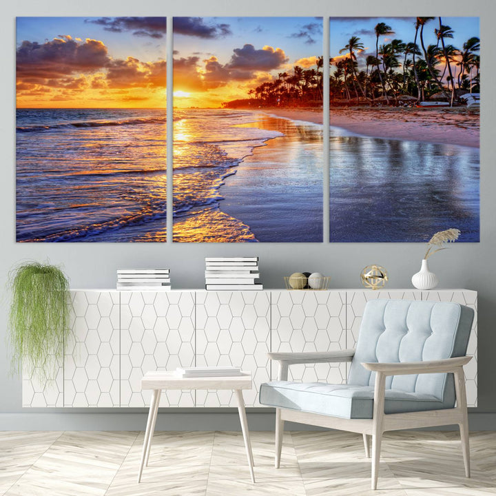 Large Sunset Beach Canvas Wall Art Print - Tropical Palm Tree Sunset Canvas Print, Golden Hour Coastal Beach Art Canvas Print, Perfect for Home Decor