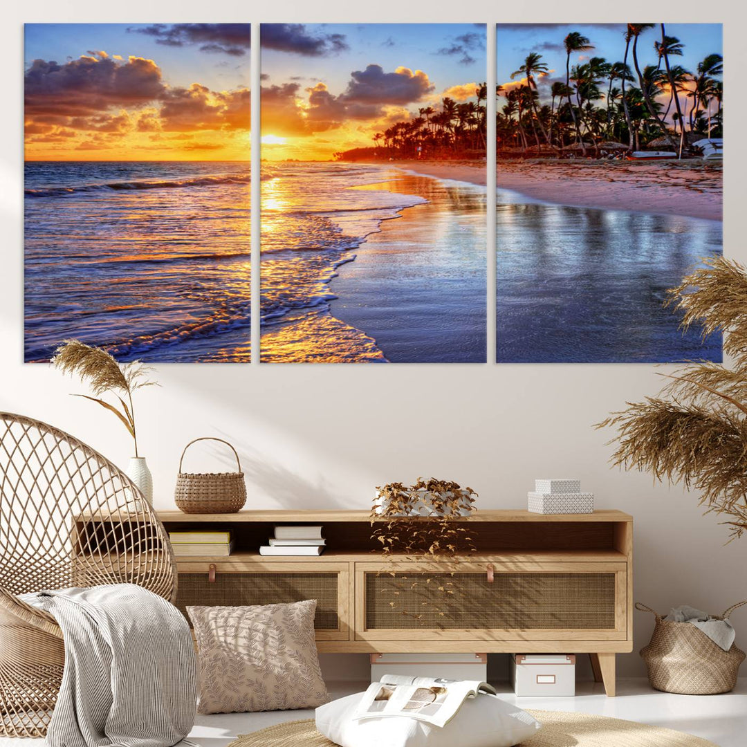 Large Sunset Beach Canvas Wall Art Print - Tropical Palm Tree Sunset Canvas Print, Golden Hour Coastal Beach Art Canvas Print, Perfect for Home Decor