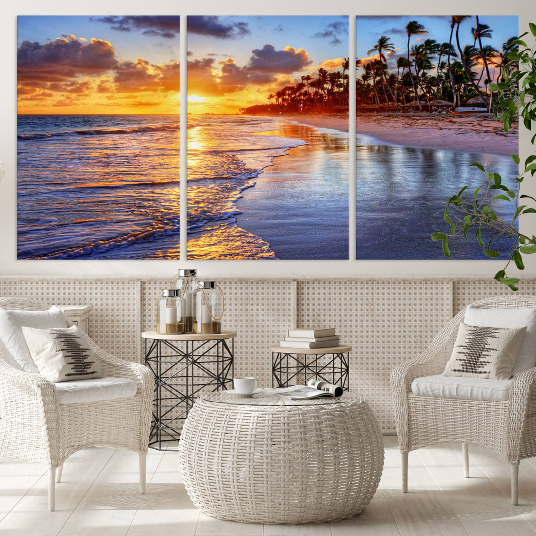 Large Sunset Beach Canvas Wall Art Print - Tropical Palm Tree Sunset Canvas Print, Golden Hour Coastal Beach Art Canvas Print, Perfect for Home Decor