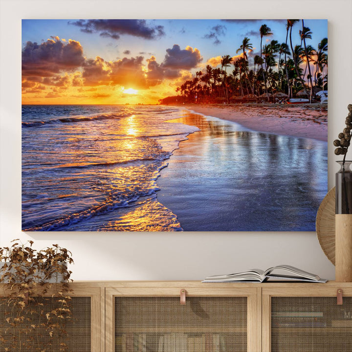 Large Sunset Beach Canvas Wall Art Print - Tropical Palm Tree Sunset Canvas Print, Golden Hour Coastal Beach Art Canvas Print, Perfect for Home Decor