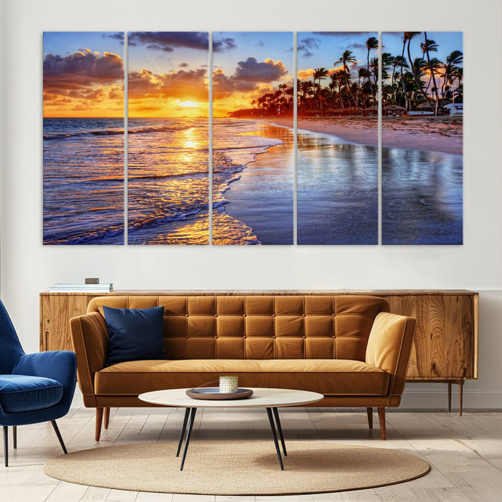 Large Sunset Beach Canvas Wall Art Print - Tropical Palm Tree Sunset Canvas Print, Golden Hour Coastal Beach Art Canvas Print, Perfect for Home Decor