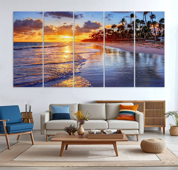 Large Sunset Beach Canvas Wall Art Print - Tropical Palm Tree Sunset Canvas Print, Golden Hour Coastal Beach Art Canvas Print, Perfect for Home Decor