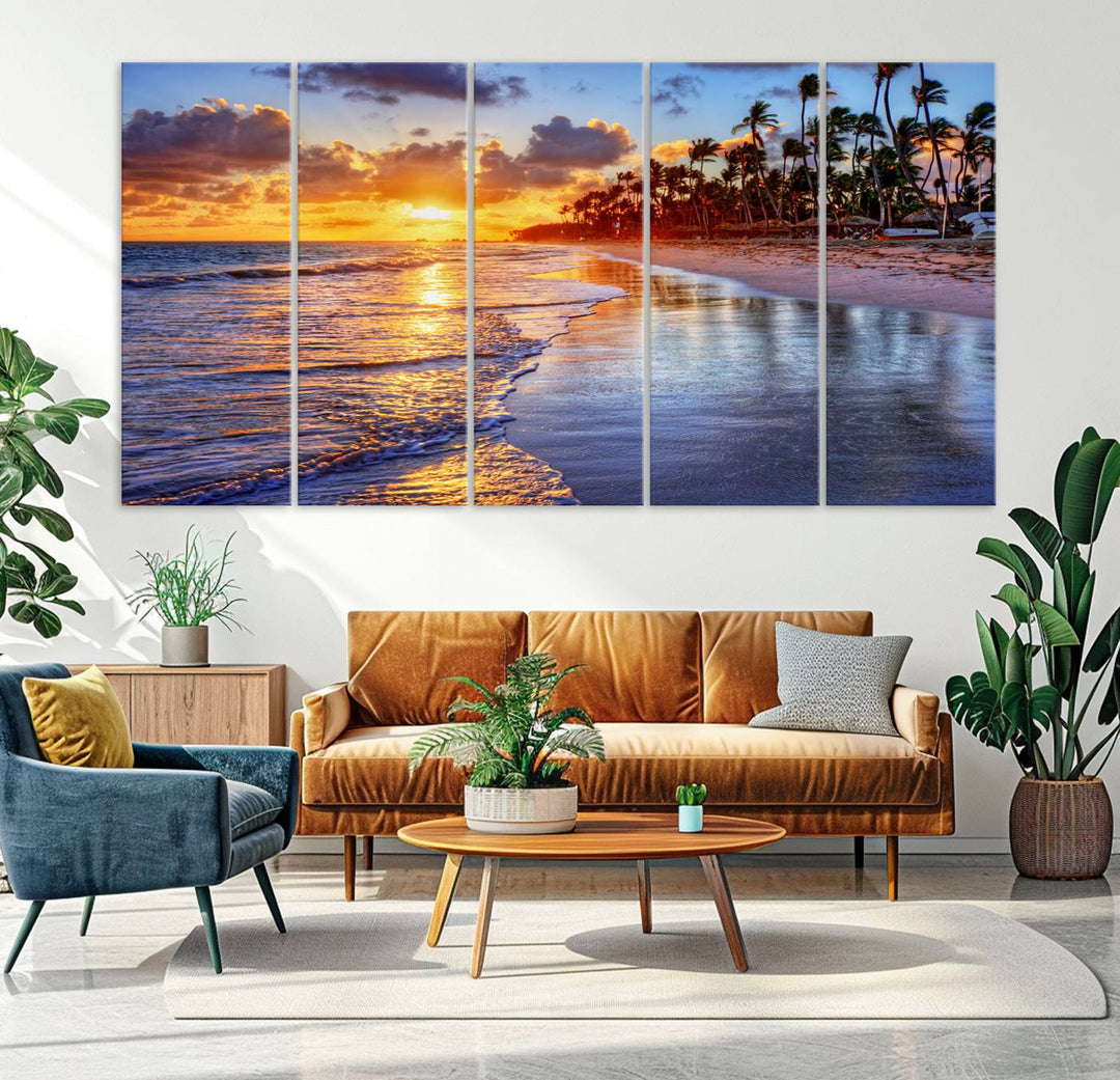 Large Sunset Beach Canvas Wall Art Print - Tropical Palm Tree Sunset Canvas Print, Golden Hour Coastal Beach Art Canvas Print, Perfect for Home Decor