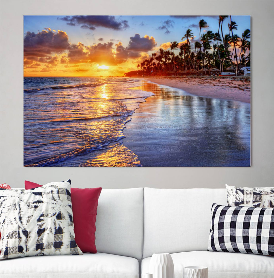 Large Sunset Beach Canvas Wall Art Print - Tropical Palm Tree Sunset Canvas Print, Golden Hour Coastal Beach Art Canvas Print, Perfect for Home Decor