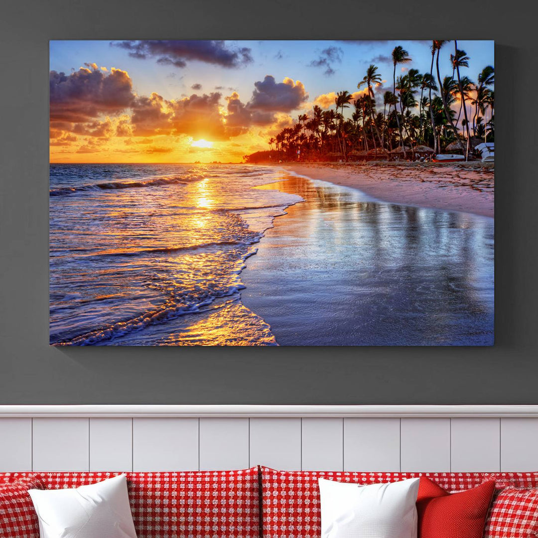 Large Sunset Beach Canvas Wall Art Print - Tropical Palm Tree Sunset Canvas Print, Golden Hour Coastal Beach Art Canvas Print, Perfect for Home Decor