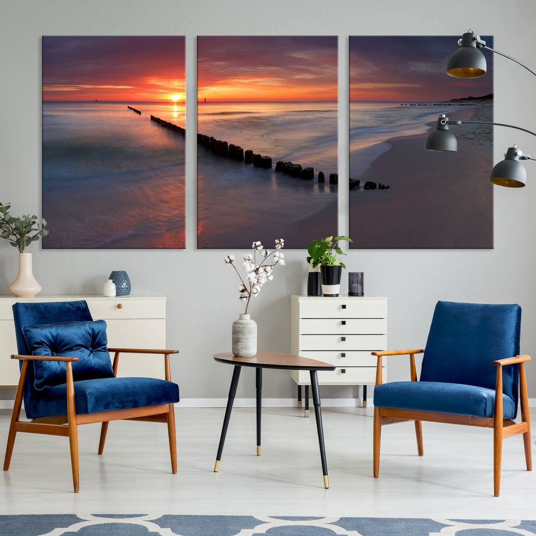 Large Sunset Wall Art Canvas Print Wooden Pier Ocean Canvas Wall Art Framed Ready to Hang