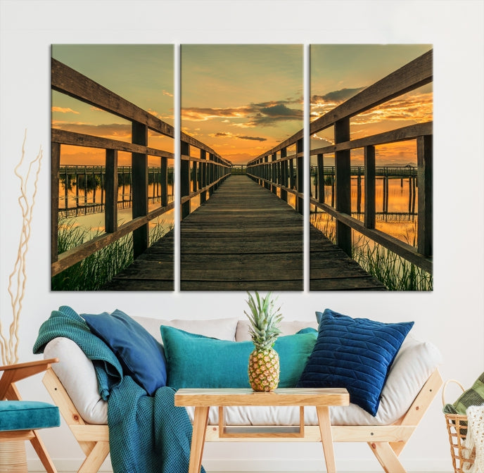 Large Walkway at Sunset Wall Art Wooden Bridge Landscape Canvas Print