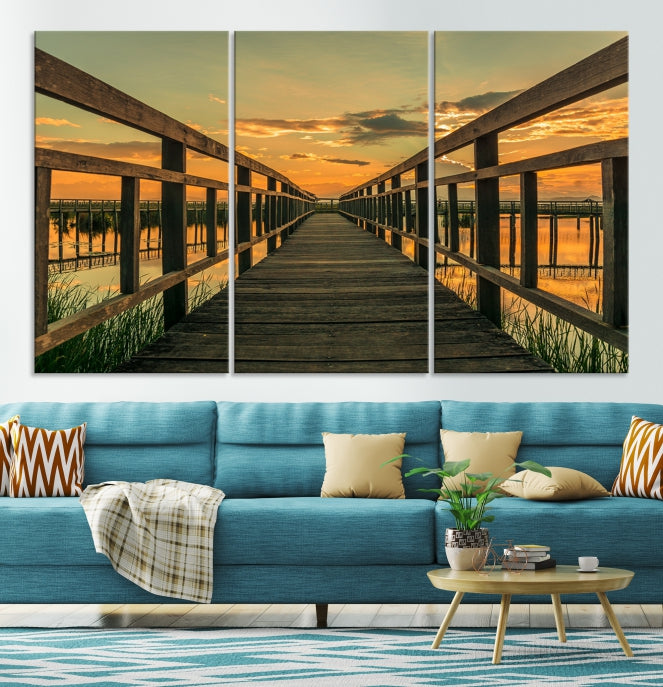 Large Walkway at Sunset Wall Art Wooden Bridge Landscape Canvas Print