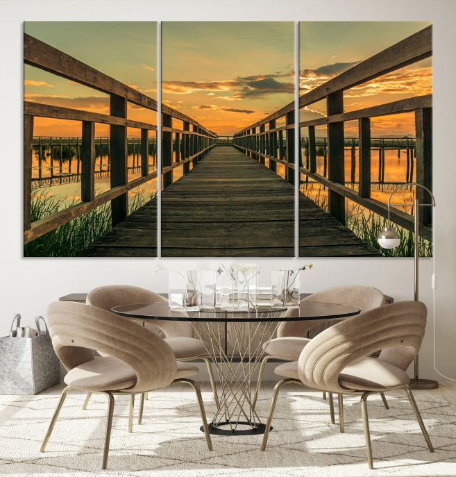 Large Walkway at Sunset Wall Art Wooden Bridge Landscape Canvas Print