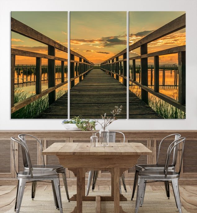 Large Walkway at Sunset Wall Art Wooden Bridge Landscape Canvas Print