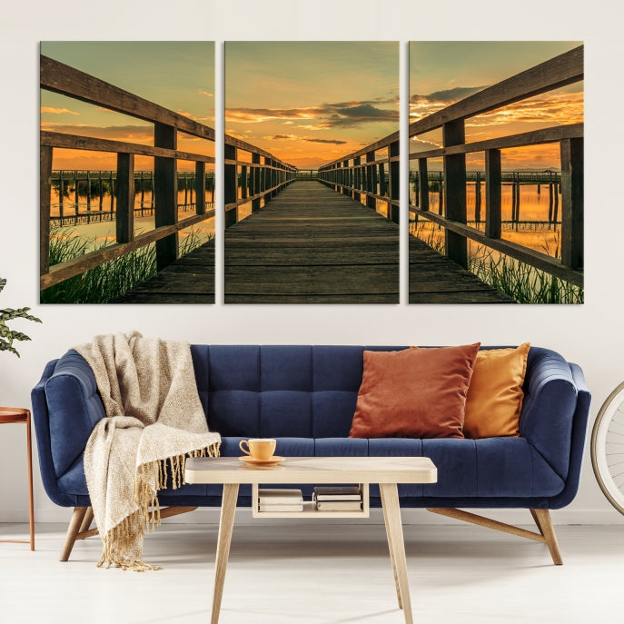 Large Walkway at Sunset Wall Art Wooden Bridge Landscape Canvas Print