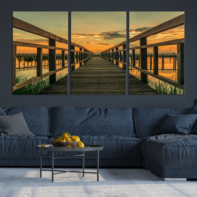 Large Walkway at Sunset Wall Art Wooden Bridge Landscape Canvas Print