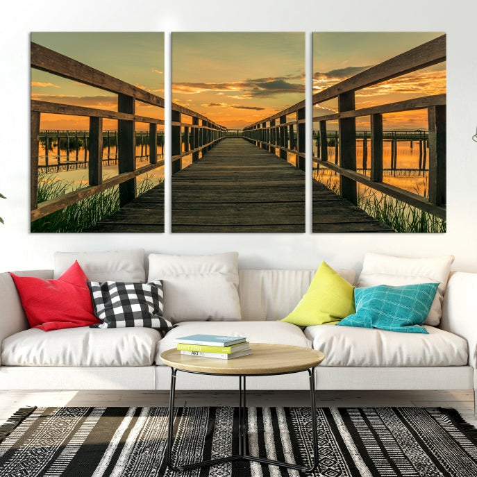 Large Walkway at Sunset Wall Art Wooden Bridge Landscape Canvas Print