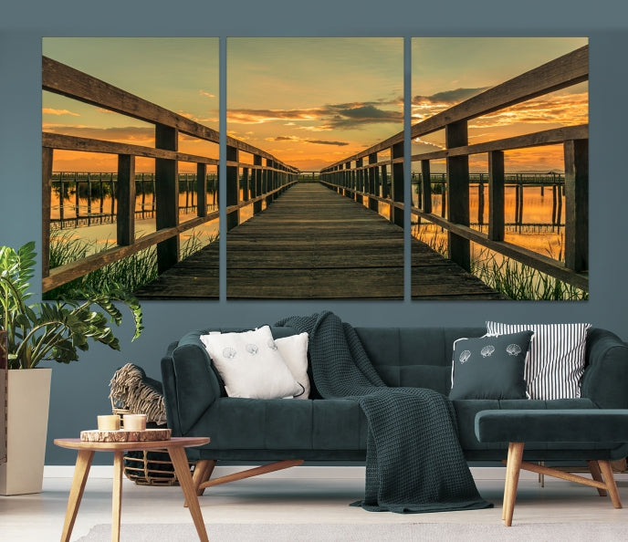 Large Walkway at Sunset Wall Art Wooden Bridge Landscape Canvas Print