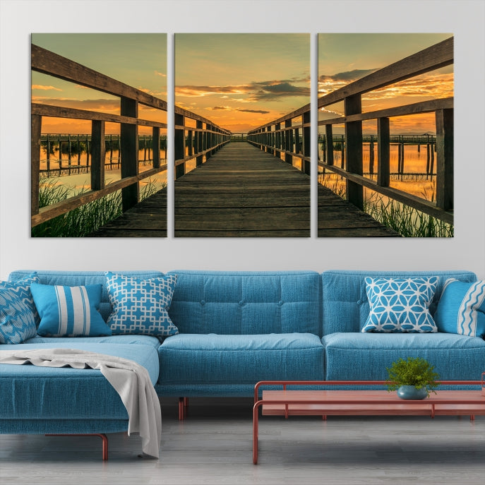 Large Walkway at Sunset Wall Art Wooden Bridge Landscape Canvas Print