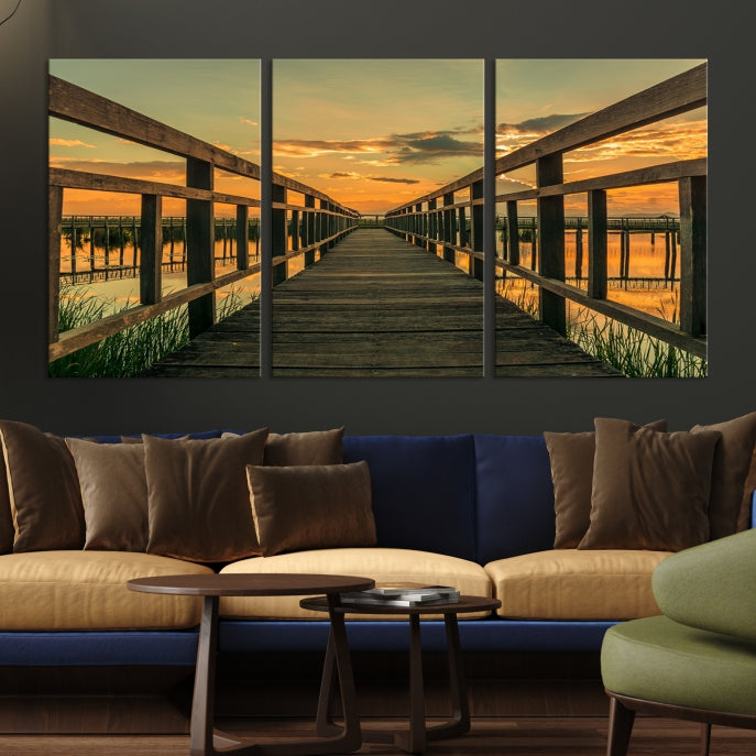 Large Walkway at Sunset Wall Art Wooden Bridge Landscape Canvas Print