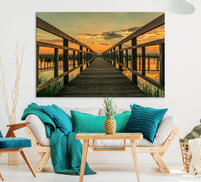 Large Walkway at Sunset Wall Art Wooden Bridge Landscape Canvas Print