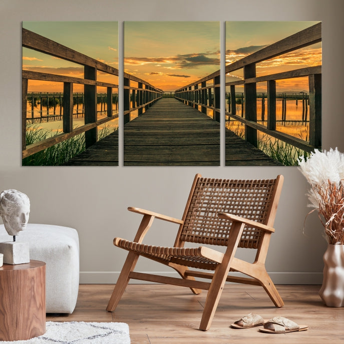 Large Walkway at Sunset Wall Art Wooden Bridge Landscape Canvas Print