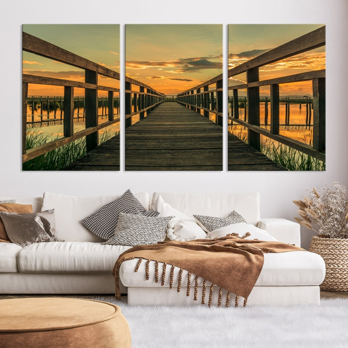 Large Walkway at Sunset Wall Art Wooden Bridge Landscape Canvas Print