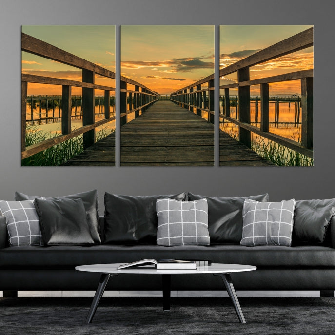 Large Walkway at Sunset Wall Art Wooden Bridge Landscape Canvas Print