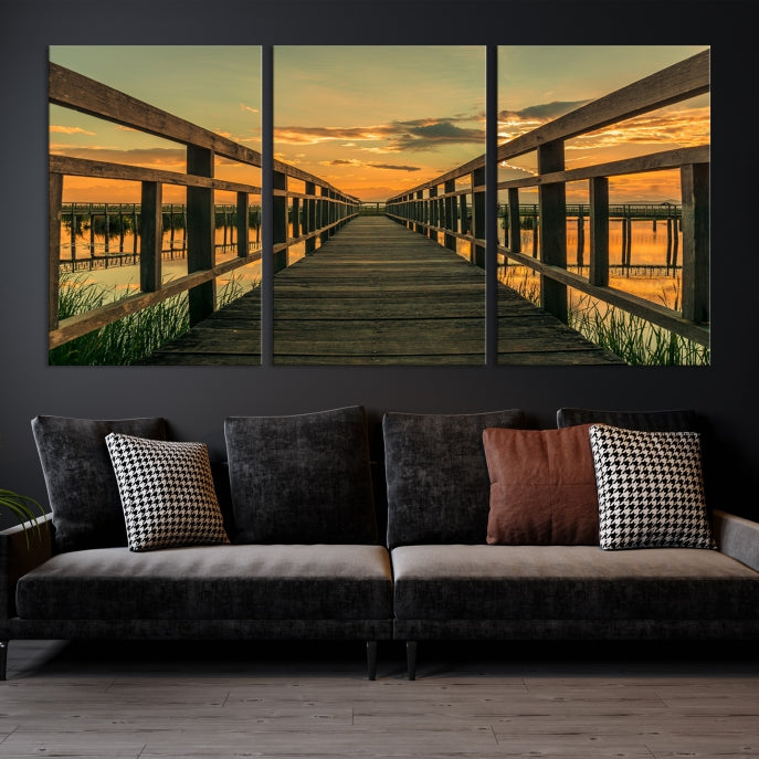 Large Walkway at Sunset Wall Art Wooden Bridge Landscape Canvas Print