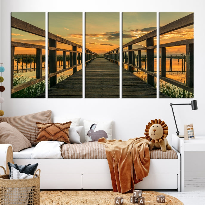 Large Walkway at Sunset Wall Art Wooden Bridge Landscape Canvas Print