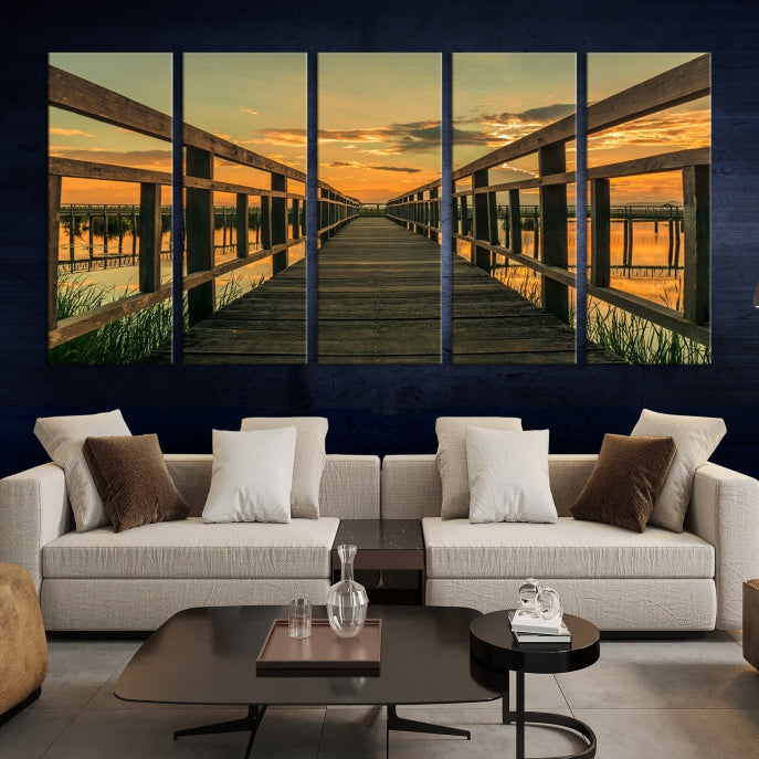 Large Walkway at Sunset Wall Art Wooden Bridge Landscape Canvas Print