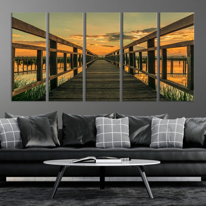 Large Walkway at Sunset Wall Art Wooden Bridge Landscape Canvas Print