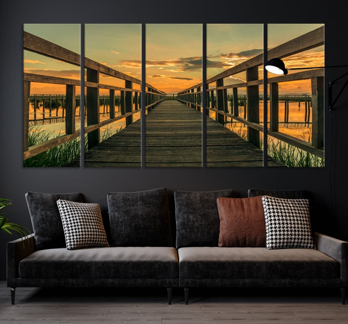 Large Walkway at Sunset Wall Art Wooden Bridge Landscape Canvas Print