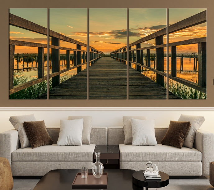 Large Walkway at Sunset Wall Art Wooden Bridge Landscape Canvas Print