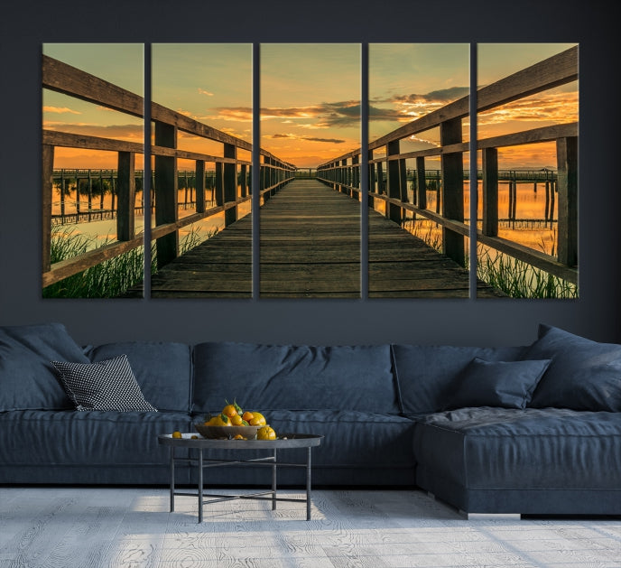 Large Walkway at Sunset Wall Art Wooden Bridge Landscape Canvas Print