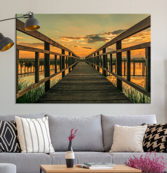 Large Walkway at Sunset Wall Art Wooden Bridge Landscape Canvas Print