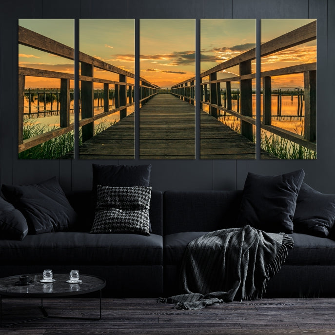 Large Walkway at Sunset Wall Art Wooden Bridge Landscape Canvas Print