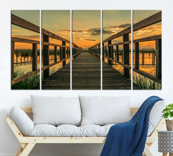 Large Walkway at Sunset Wall Art Wooden Bridge Landscape Canvas Print