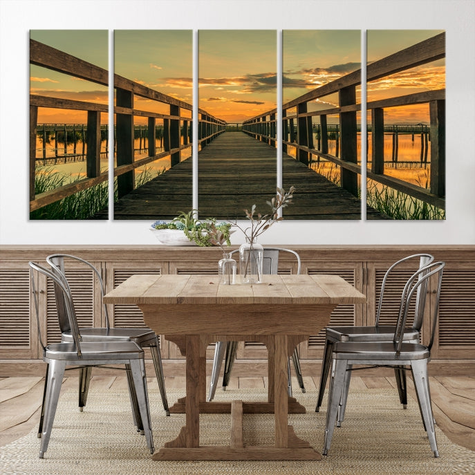 Large Walkway at Sunset Wall Art Wooden Bridge Landscape Canvas Print