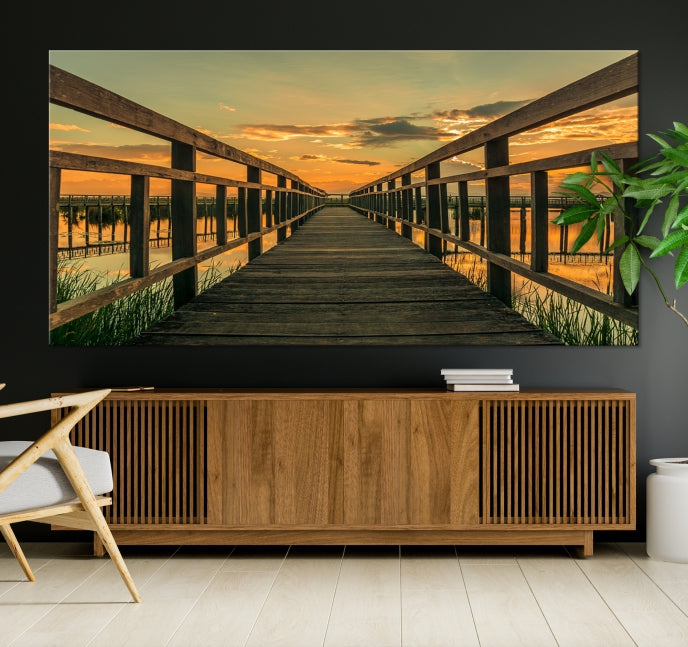 Large Walkway at Sunset Wall Art Wooden Bridge Landscape Canvas Print