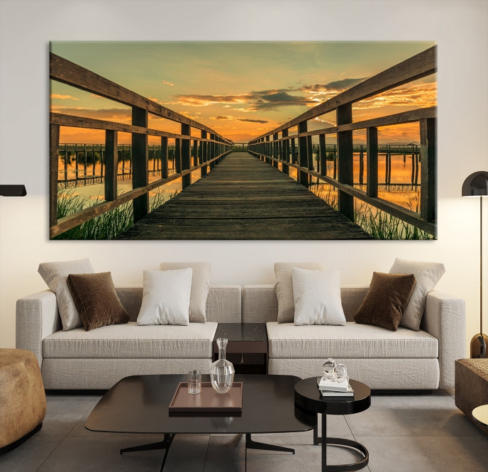 Large Walkway at Sunset Wall Art Wooden Bridge Landscape Canvas Print