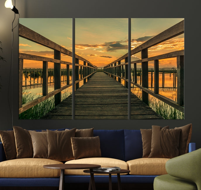 Large Walkway at Sunset Wall Art Wooden Bridge Landscape Canvas Print