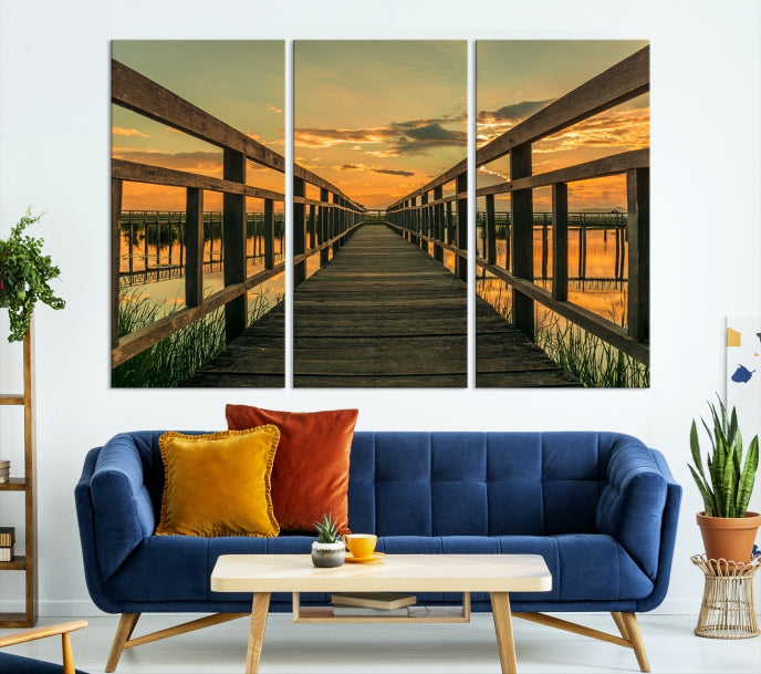 Large Walkway at Sunset Wall Art Wooden Bridge Landscape Canvas Print