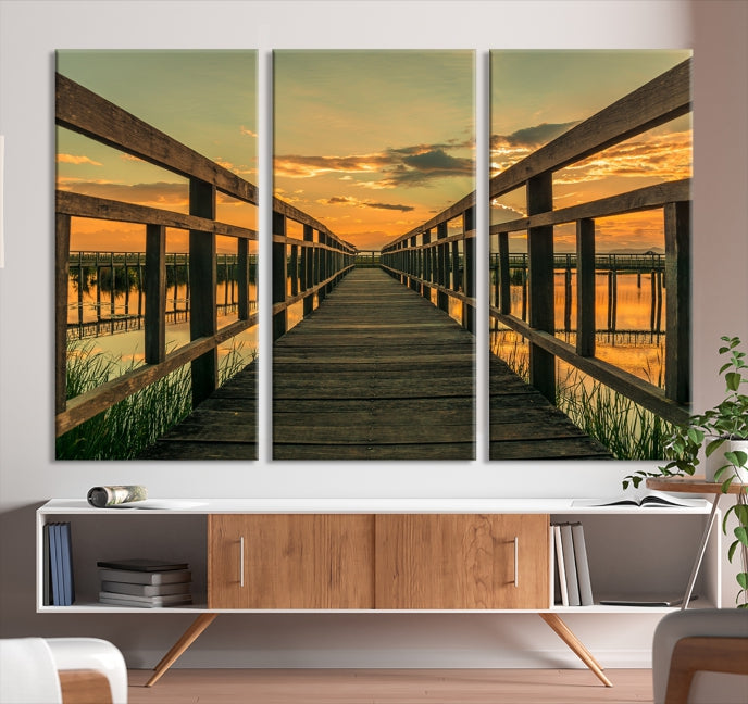 Large Walkway at Sunset Wall Art Wooden Bridge Landscape Canvas Print