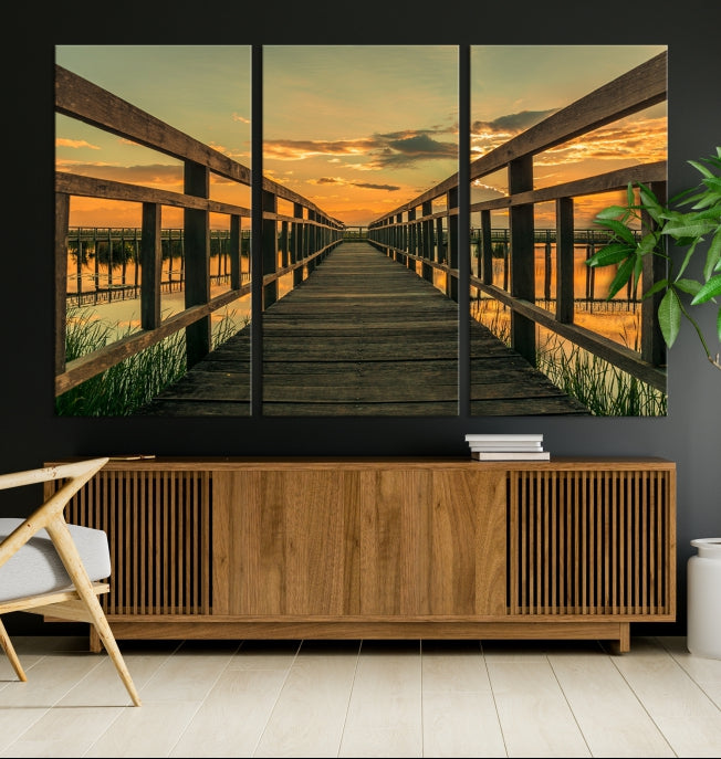 Large Walkway at Sunset Wall Art Wooden Bridge Landscape Canvas Print