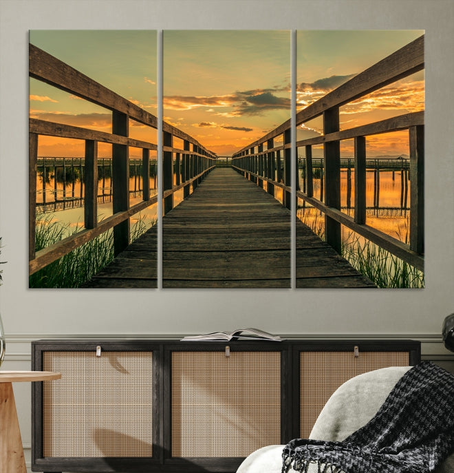 Large Walkway at Sunset Wall Art Wooden Bridge Landscape Canvas Print