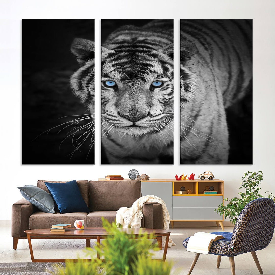 Large Wall Art Animal Canvas PrintBlue Eyed Tiger on Black Background