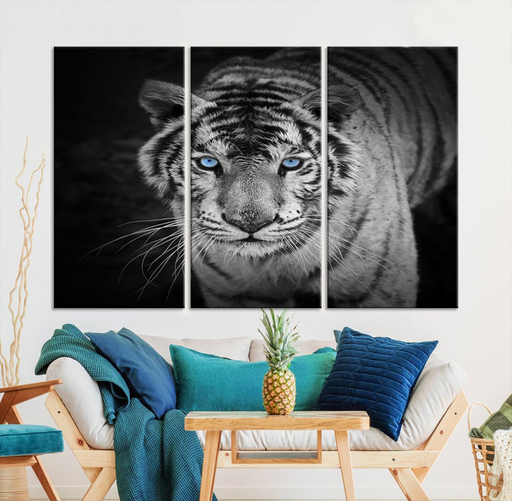 Large Wall Art Animal Canvas PrintBlue Eyed Tiger on Black Background