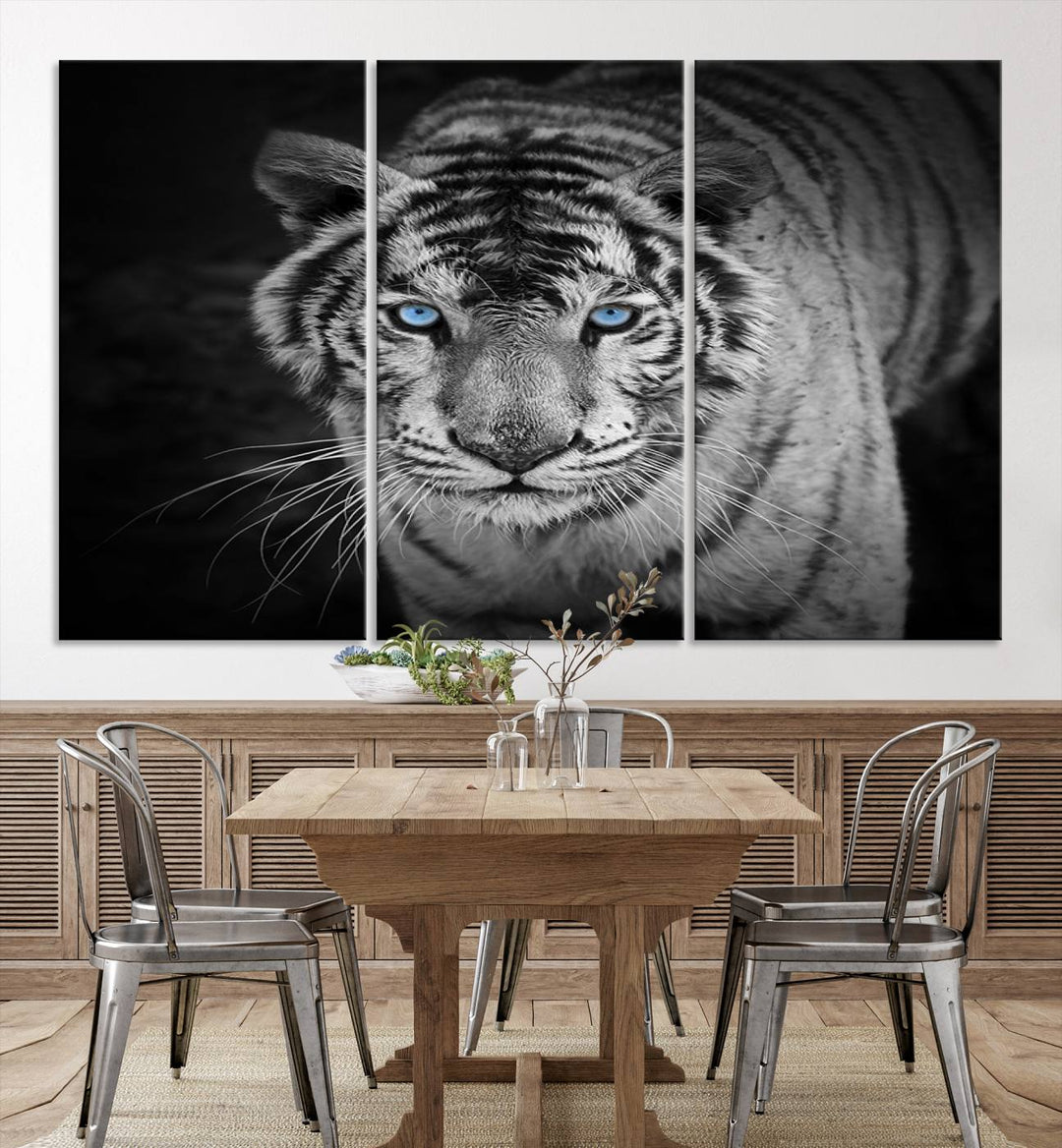 Large Wall Art Animal Canvas PrintBlue Eyed Tiger on Black Background