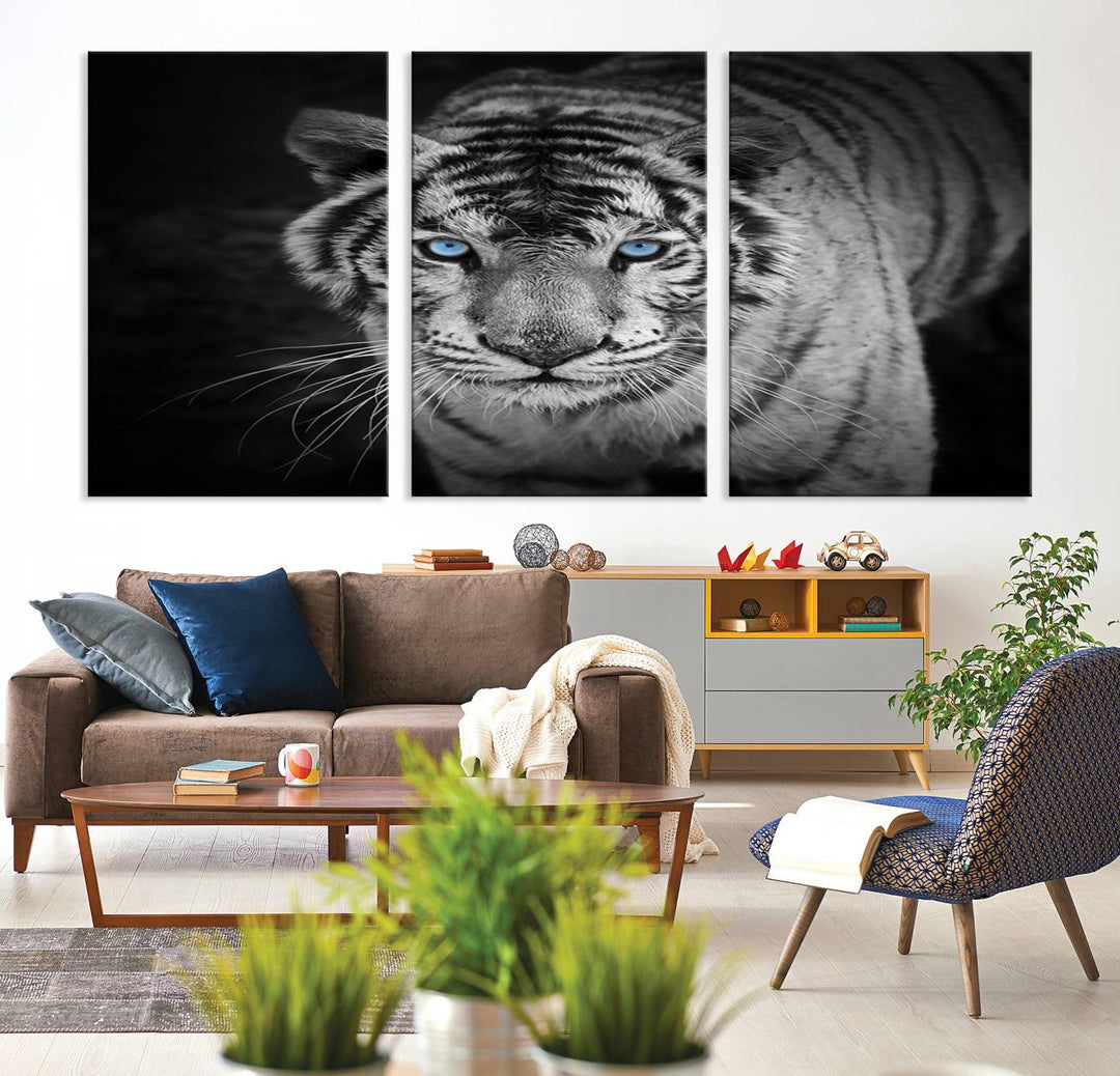 Large Wall Art Animal Canvas PrintBlue Eyed Tiger on Black Background