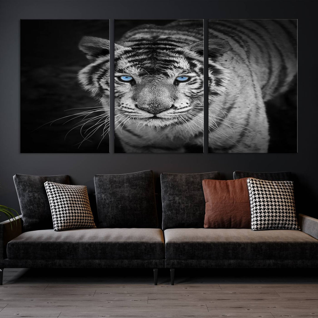 Large Wall Art Animal Canvas PrintBlue Eyed Tiger on Black Background