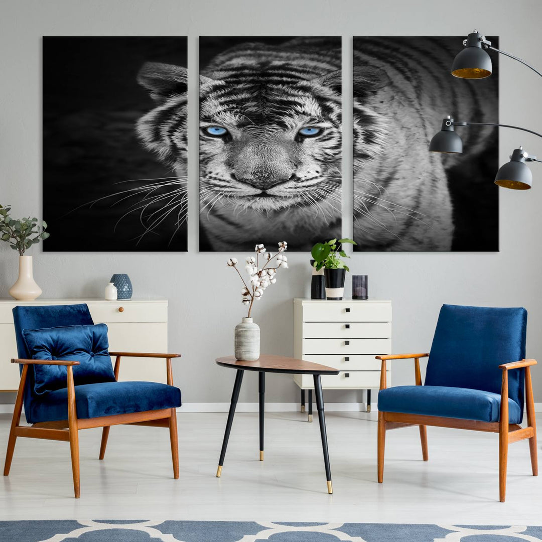 Large Wall Art Animal Canvas PrintBlue Eyed Tiger on Black Background