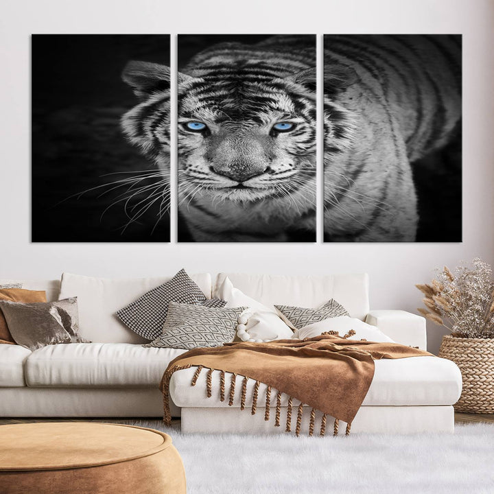 Large Wall Art Animal Canvas PrintBlue Eyed Tiger on Black Background